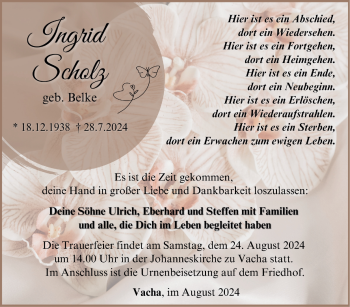 Traueranzeige von Ingrid Scholz von Südthüringer Presse