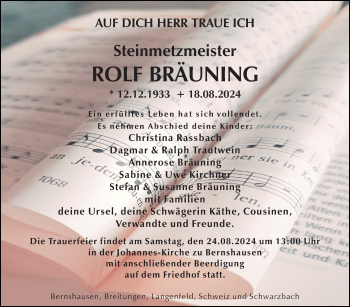 Traueranzeige von Rolf Bräuning von Südthüringer Presse
