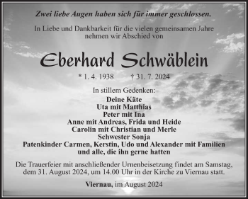 Traueranzeige von Eberhard Schwäblein von Südthüringer Presse