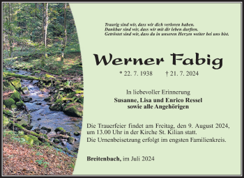 Traueranzeige von Werner Fabig von Südthüringer Presse