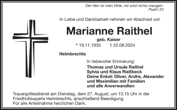 Traueranzeige von Marianne Raithel von Frankenpost