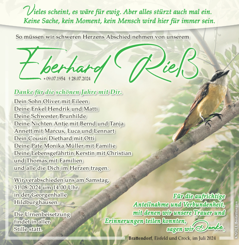  Traueranzeige für Eberhard Rieß vom 17.08.2024 aus Südthüringer Presse