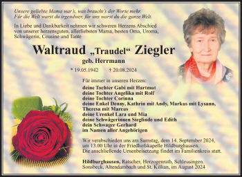 Traueranzeige von Waltraud Ziegler von Südthüringer Presse
