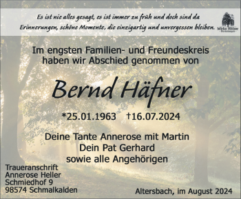 Traueranzeige von Bernd Häfner von Südthüringer Presse