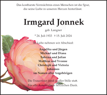 Traueranzeige von Irmgard Jonnek von Frankenpost