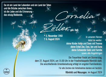 Traueranzeige von Cornelia Zöller von Südthüringer Presse