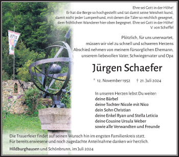 Traueranzeige von Jürgen Schaefer von Südthüringer Presse