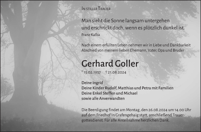 Traueranzeige für Gerhard Goller vom 24.08.2024 aus Frankenpost