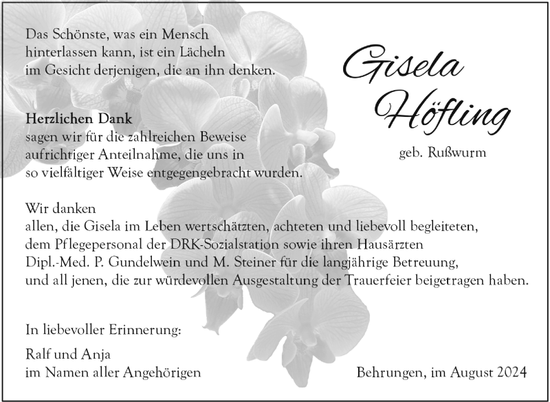  Traueranzeige für Gisela Höfling vom 31.08.2024 aus Südthüringer Presse