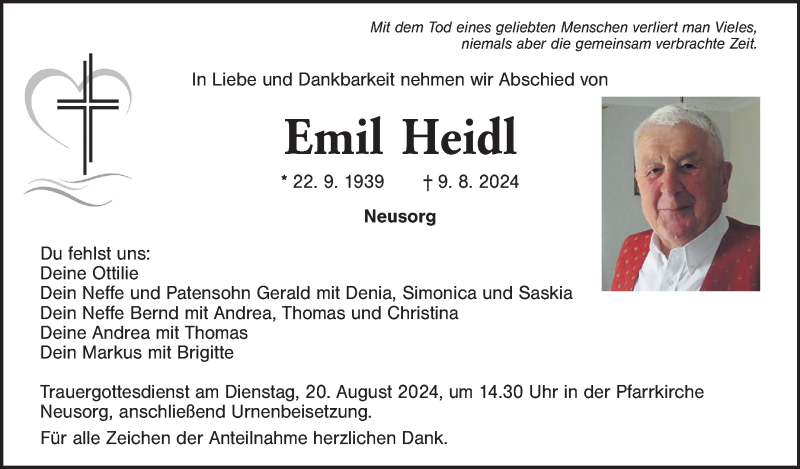  Traueranzeige für Emil Heidl vom 17.08.2024 aus Frankenpost