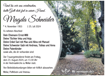 Traueranzeige von Magda Schneider von Südthüringer Presse