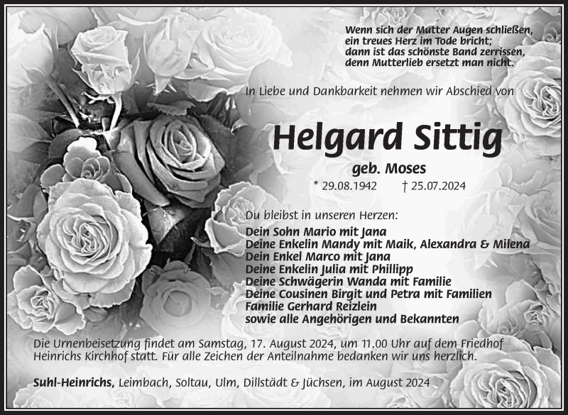  Traueranzeige für Helgard Sittig vom 03.08.2024 aus Südthüringer Presse