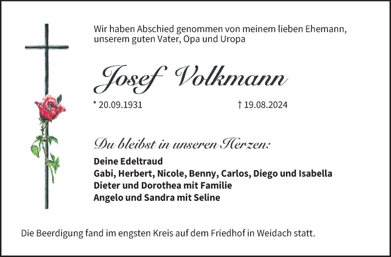  Traueranzeige für Josef Volkmann vom 31.08.2024 aus Neue Presse Coburg