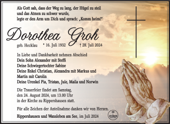 Traueranzeige von Dorothea Groh von Südthüringer Presse