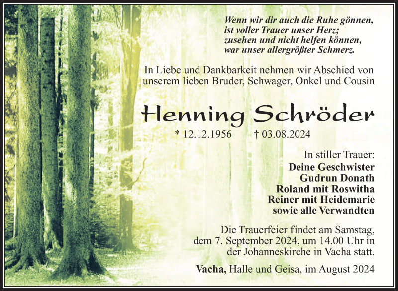  Traueranzeige für Henning Schröder vom 31.08.2024 aus Südthüringer Presse