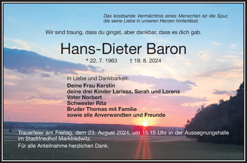  Traueranzeige für Hans-Dieter Baron vom 21.08.2024 aus Frankenpost