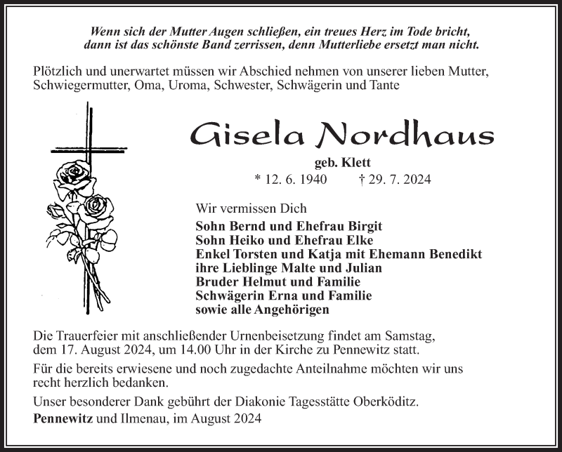  Traueranzeige für Gisela Nordhaus vom 10.08.2024 aus Südthüringer Presse