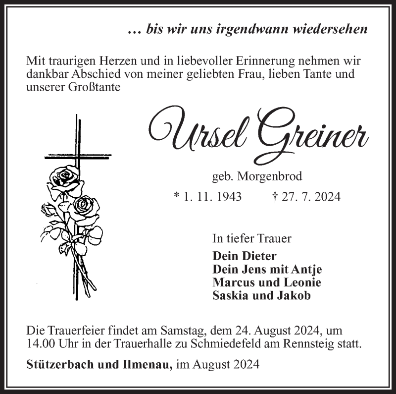  Traueranzeige für Ursel Greiner vom 10.08.2024 aus Südthüringer Presse