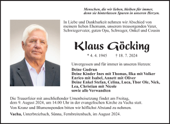 Traueranzeige von Klaus Göcking von Südthüringer Presse