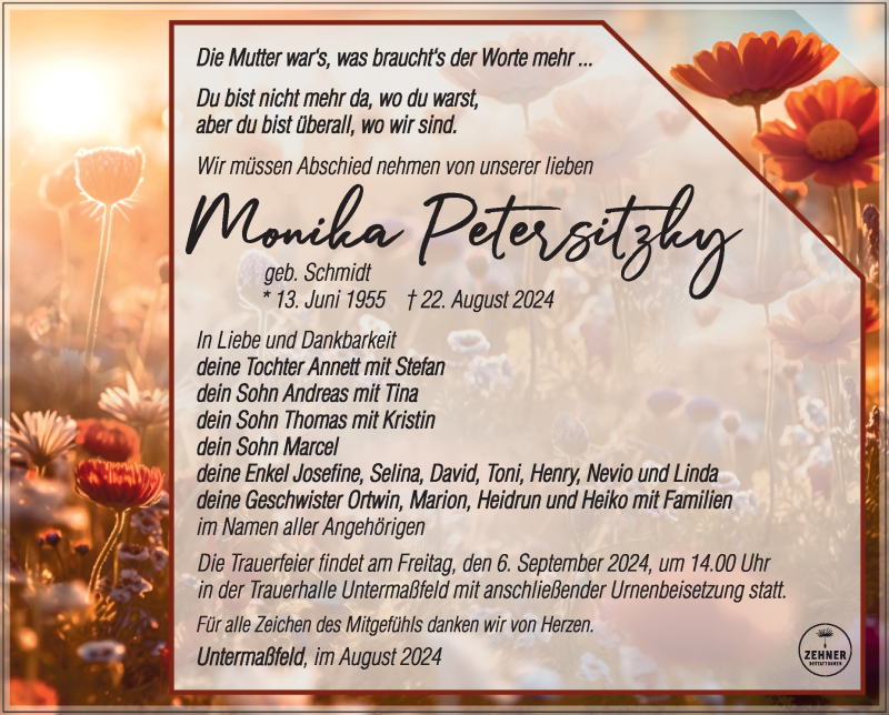  Traueranzeige für Monika Petersitzky vom 31.08.2024 aus Südthüringer Presse