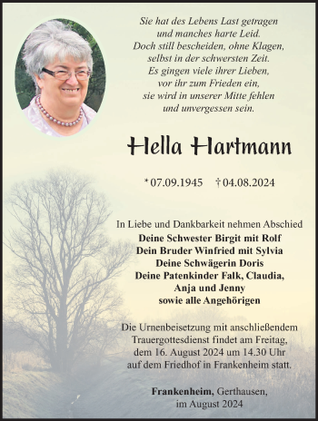 Traueranzeige von Hella Hartmann von Südthüringer Presse
