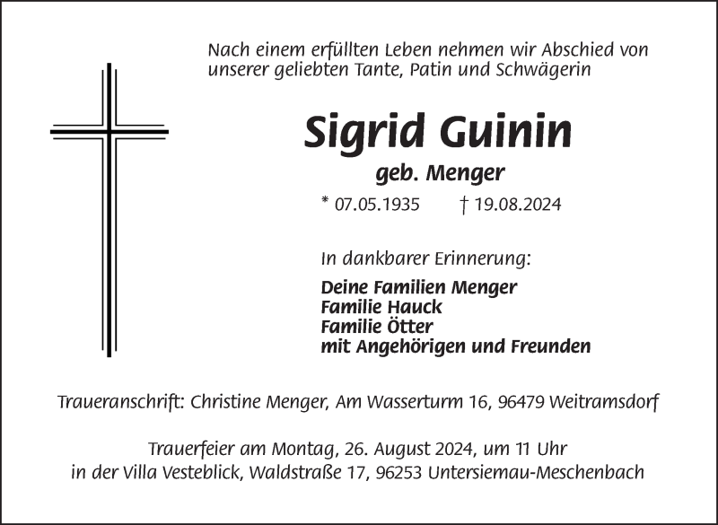  Traueranzeige für Sigrid Guinin vom 24.08.2024 aus Neue Presse Coburg