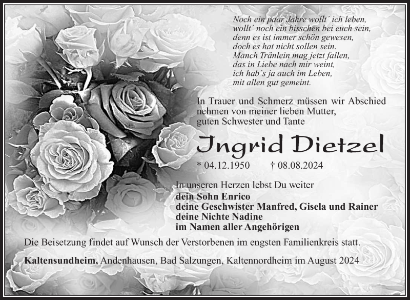  Traueranzeige für Ingrid Dietzel vom 21.08.2024 aus Südthüringer Presse