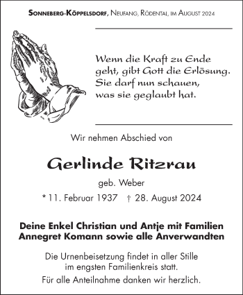 Traueranzeige von Gerlinde Ritzrau von Südthüringer Presse