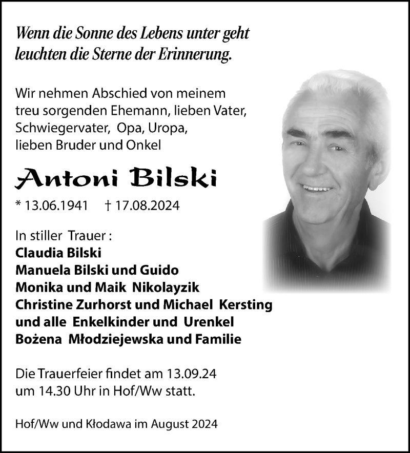  Traueranzeige für Antoni Bilski vom 30.08.2024 aus Südthüringer Presse