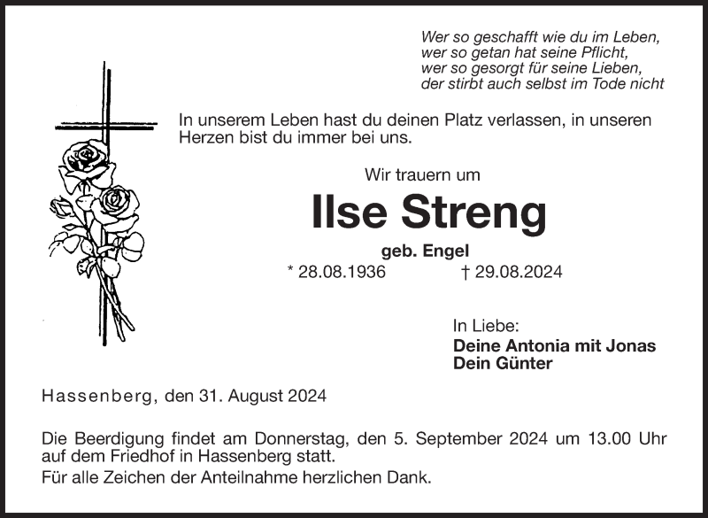  Traueranzeige für Ilse Streng vom 31.08.2024 aus Neue Presse Coburg