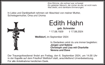 Traueranzeige von Edith Hahn von Frankenpost