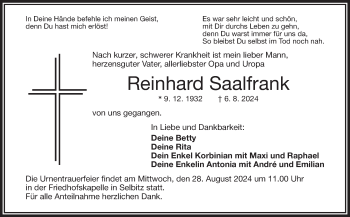 Traueranzeige von Reinhard Saalfrank von Frankenpost