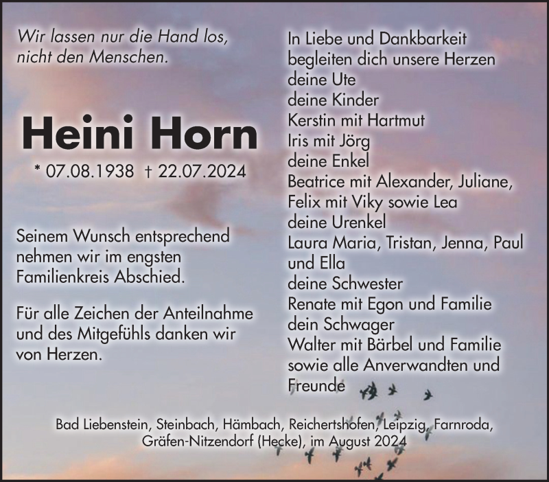  Traueranzeige für Heini Horn vom 03.08.2024 aus Südthüringer Presse