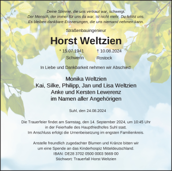 Traueranzeige von Horst Weltzien von Südthüringer Presse