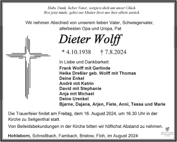 Traueranzeige von Dieter Wolff von Südthüringer Presse