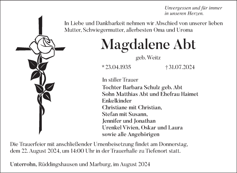  Traueranzeige für Magdalene Abt vom 10.08.2024 aus Südthüringer Presse