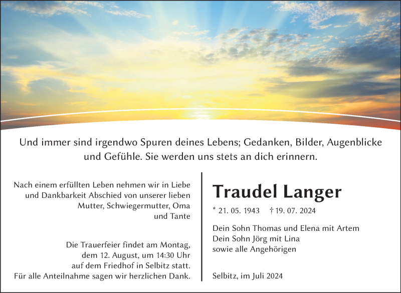  Traueranzeige für Traudel Langer vom 03.08.2024 aus Frankenpost