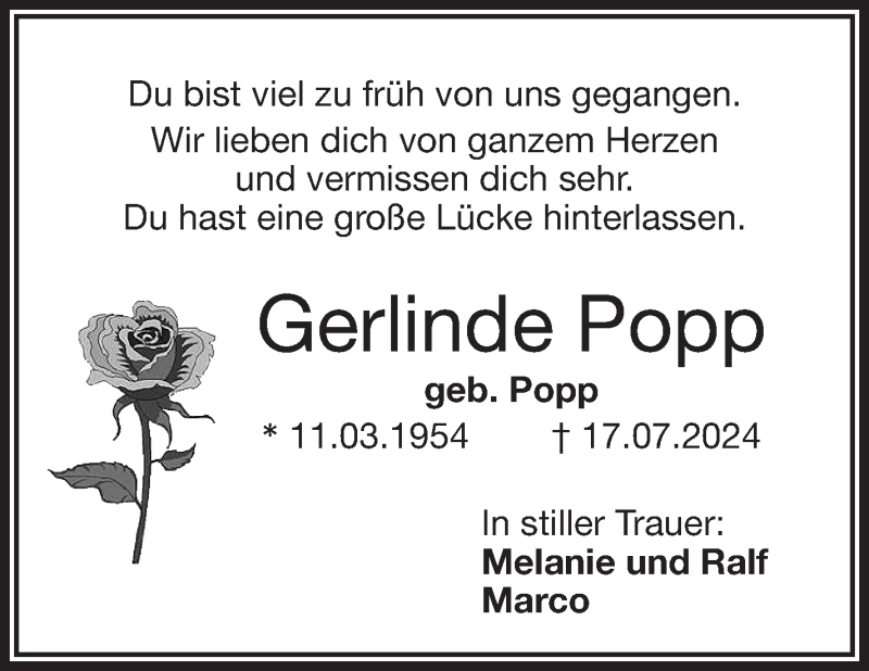  Traueranzeige für Gerlinde Popp vom 31.08.2024 aus Frankenpost