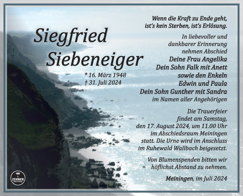  Traueranzeige für Siegfried Siebeneiger vom 10.08.2024 aus Südthüringer Presse