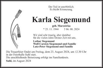 Traueranzeige von Karla Siegmund von Südthüringer Presse