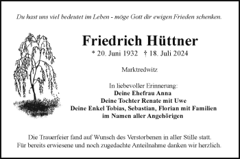 Traueranzeige von Friedrich Adolf Hüttner von Frankenpost