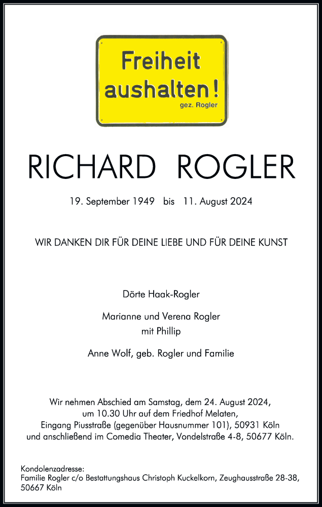  Traueranzeige für Richard Rogler vom 17.08.2024 aus Frankenpost