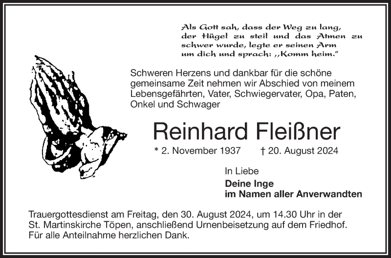  Traueranzeige für Reinhard Fleißner vom 27.08.2024 aus Frankenpost