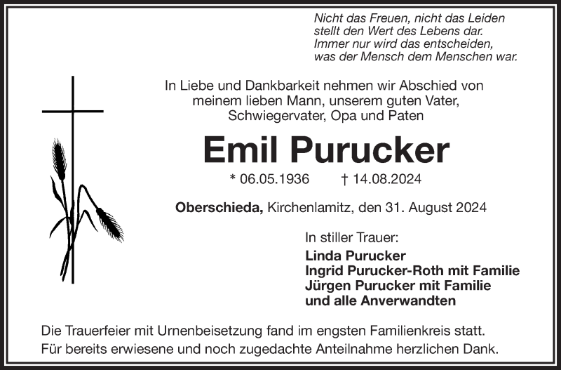 Traueranzeige für Emil Purucker vom 31.08.2024 aus Frankenpost