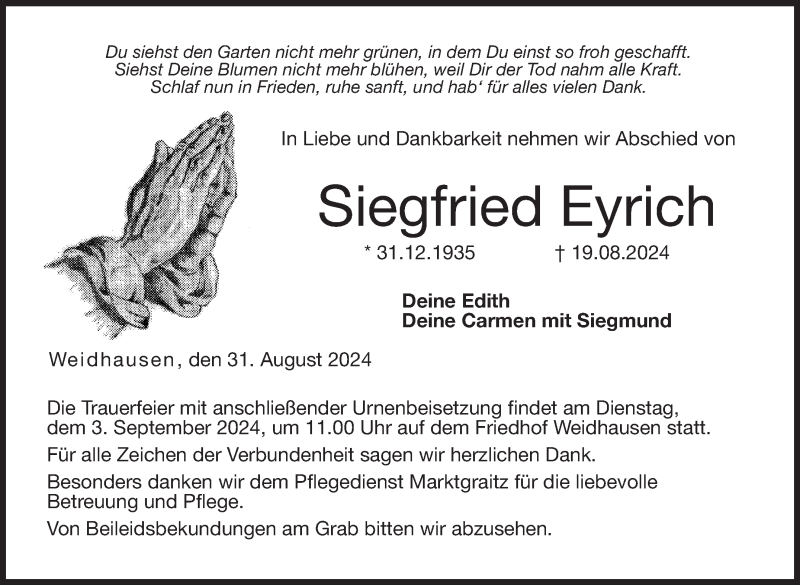  Traueranzeige für Siegfried Eyrich vom 31.08.2024 aus Neue Presse Coburg