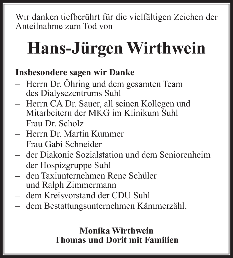  Traueranzeige für Hans-Jürgen Wirthwein vom 10.08.2024 aus Südthüringer Presse