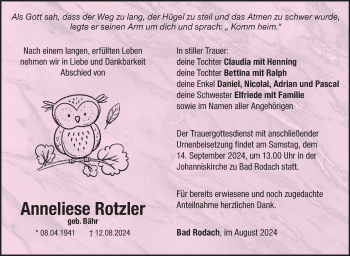 Traueranzeige von Anneliese Rotzler von Neue Presse Coburg