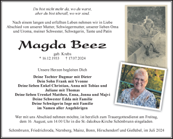 Traueranzeige von Magda Beez von Südthüringer Presse