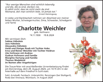 Traueranzeige von Charlotte Weichler von Südthüringer Presse