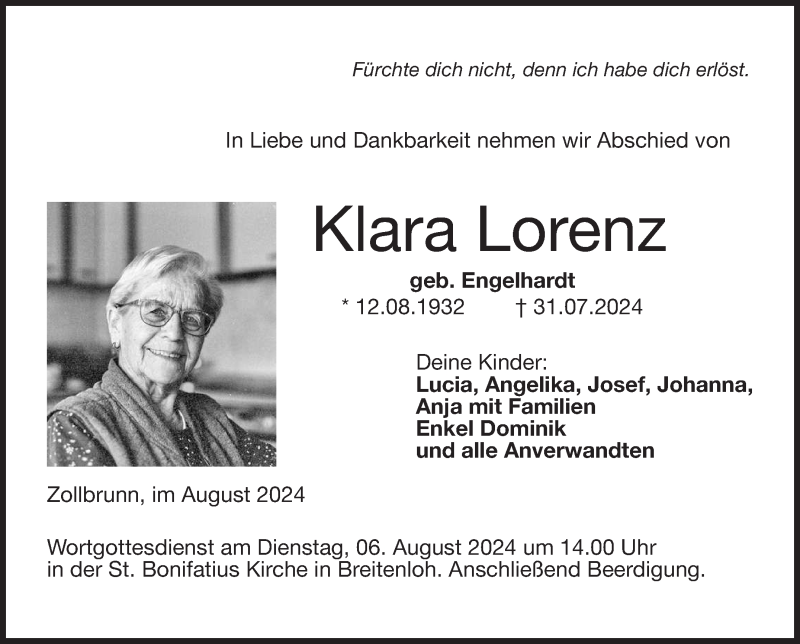  Traueranzeige für Klara Lorenz vom 03.08.2024 aus Neue Presse Coburg